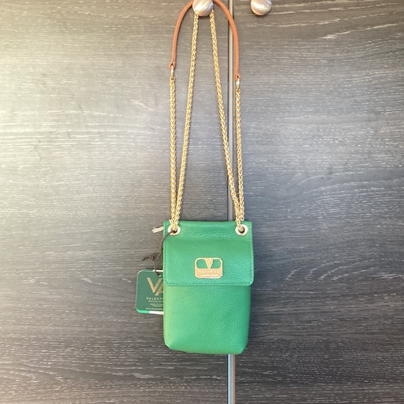 NWT Valentina Kelly Green Italian Pebbled Leather Xbody Sm Bag Gold Chain Strap - Picture 10 of 13